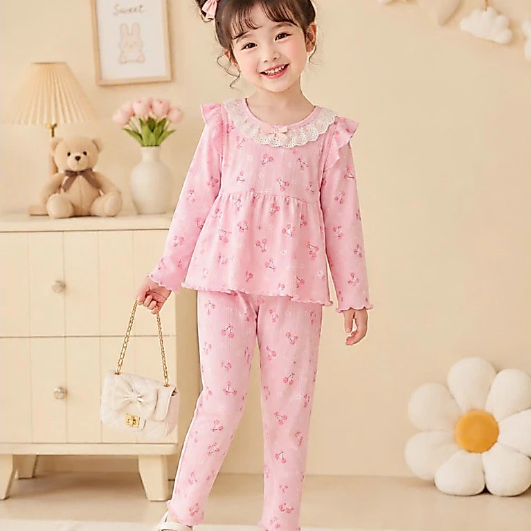 [A69] Bộ thu đông bé gái dài tay, set quần áo trẻ em chất tăm thái mềm co giãn họa tiết chấm bi cherry đẹp 8-20kg