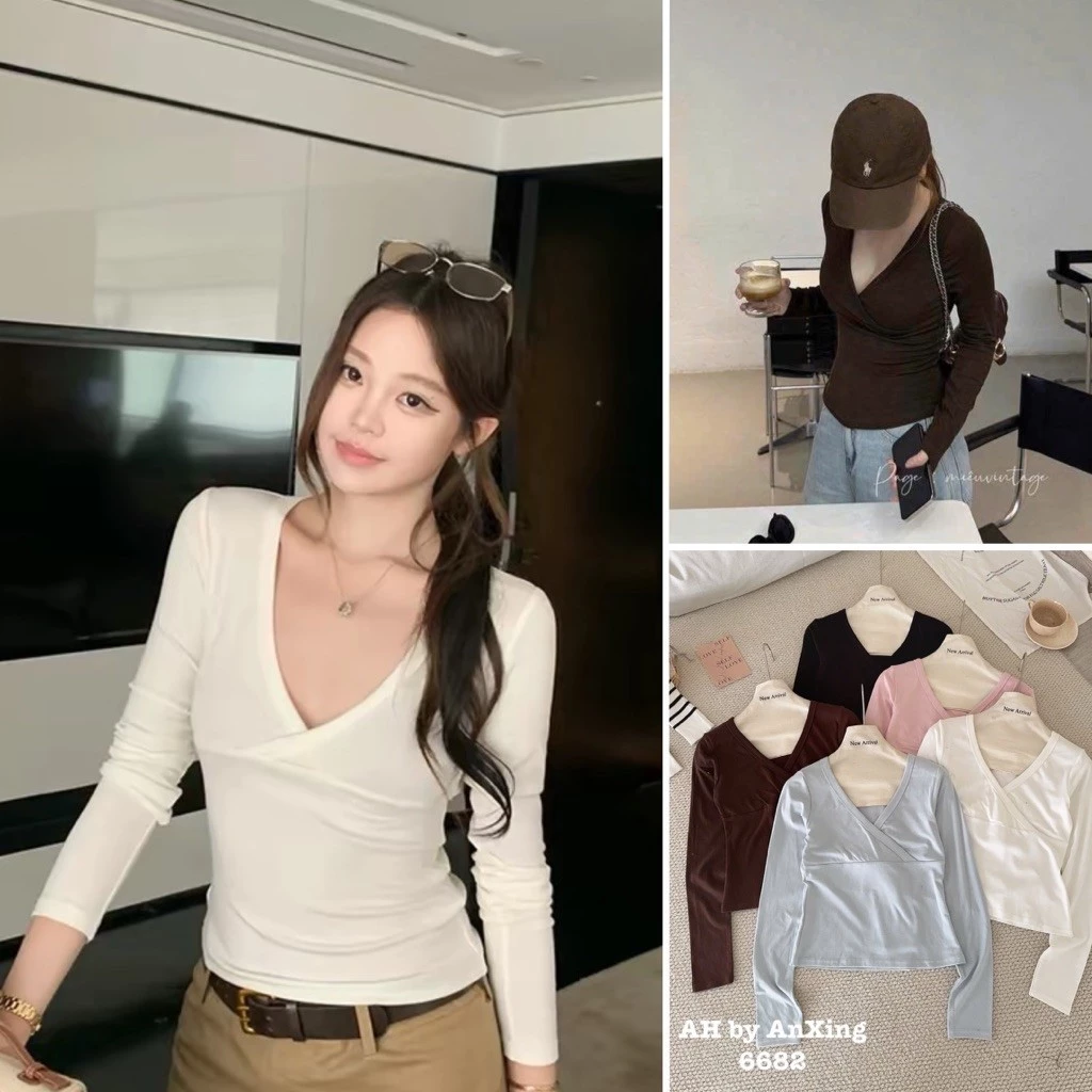 [Hàng sẵn] Áo thun cotton cổ V dài tay dáng ôm sexy phù hợp mùa thu đông 6682