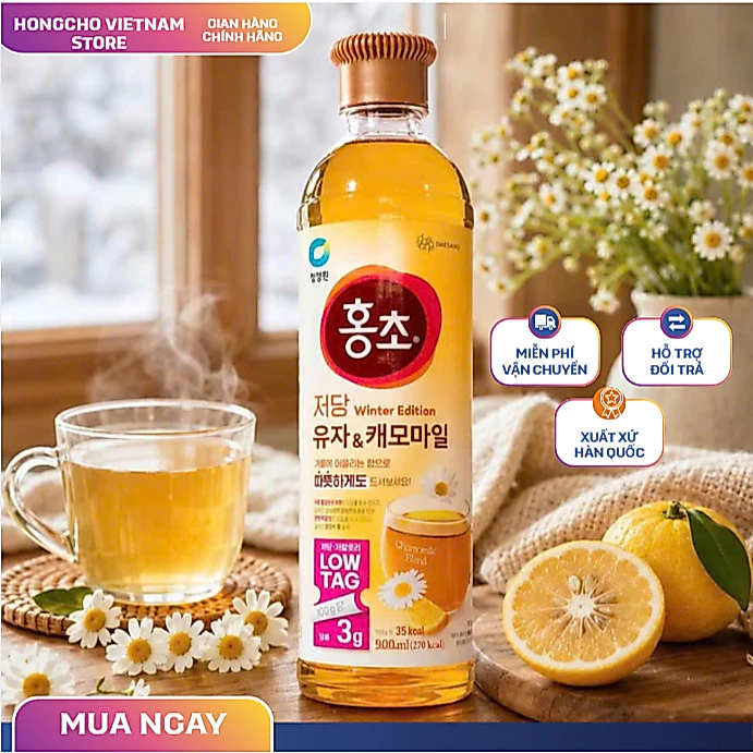 LOW SUGAR- GIẢM ĐƯỜNG 900ml CAM YUZU CÚC LA MÃ  Giấm Uống CAM YUZU CÚC LA MÃ Daesang HongCho O’food Hàn Quốc