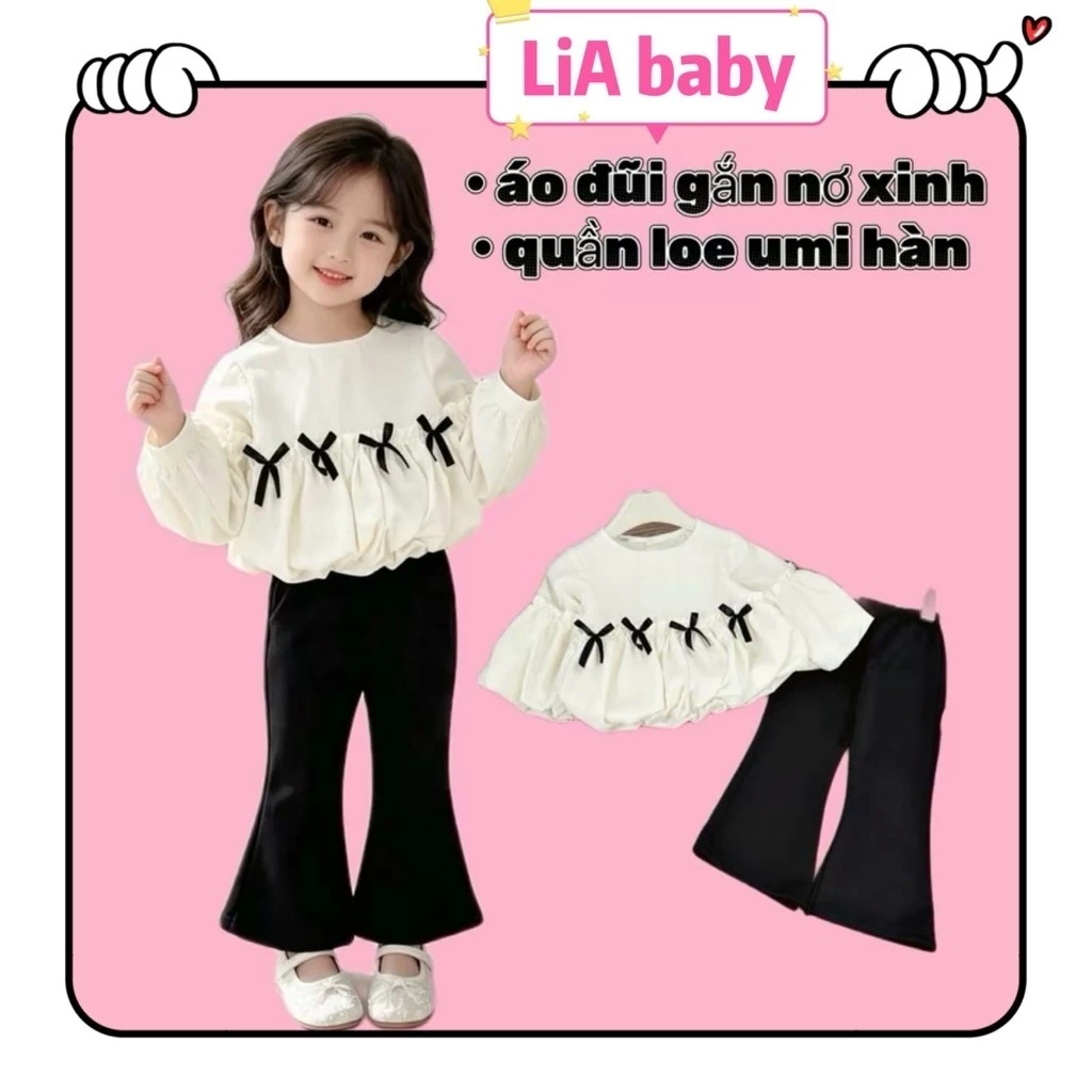 [Siêu Xinh] Set thu đông áo babydoll dáng bí phối nơ kèm quần dài loe đen siêu xinh cho bé gái đi chơi đi học(9-40kg-V7