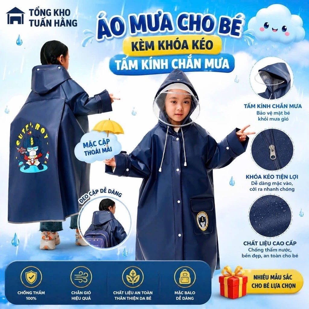 Áo Mưa Học Sinh ĐI Học Nhiều Màu Nhiều Hình Hoạt Hình Ngộ Nghĩnh ( Trùm Được Cặp Sách) Cho Bé Gái Bé Trai