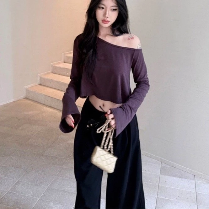 Áo thun nữ tay dài lệch vai 3 màu tím trắng đen dáng ngắn ôm tôn dáng áo trễ vai thời trang