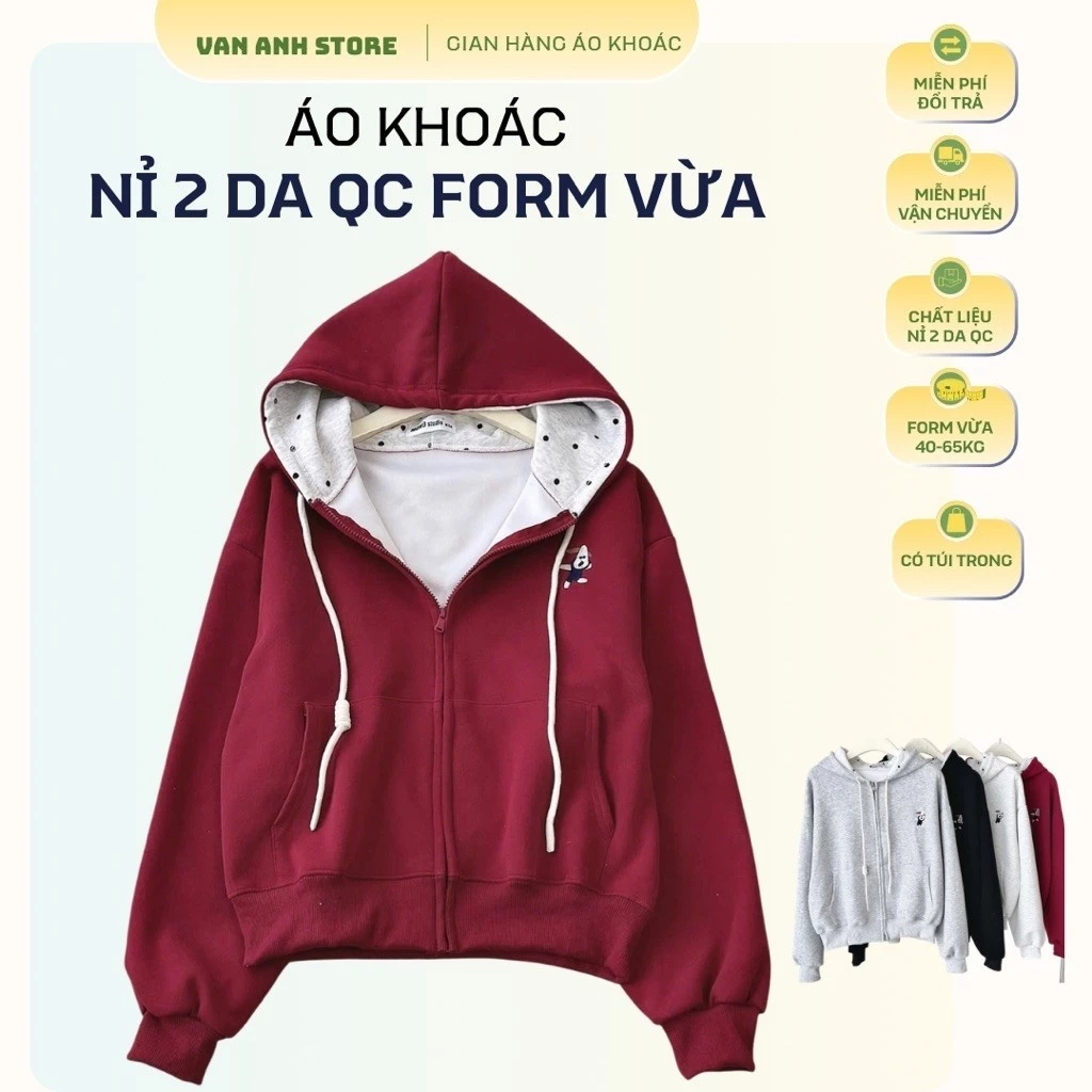 Áo Khoác Nỉ Boxy Form Vừa 2Da Nón Chấm Bi Thêu Gấu, Áo Khoác Form 40-65kg Có Túi Trong Vải Dày Mịn Đẹp
