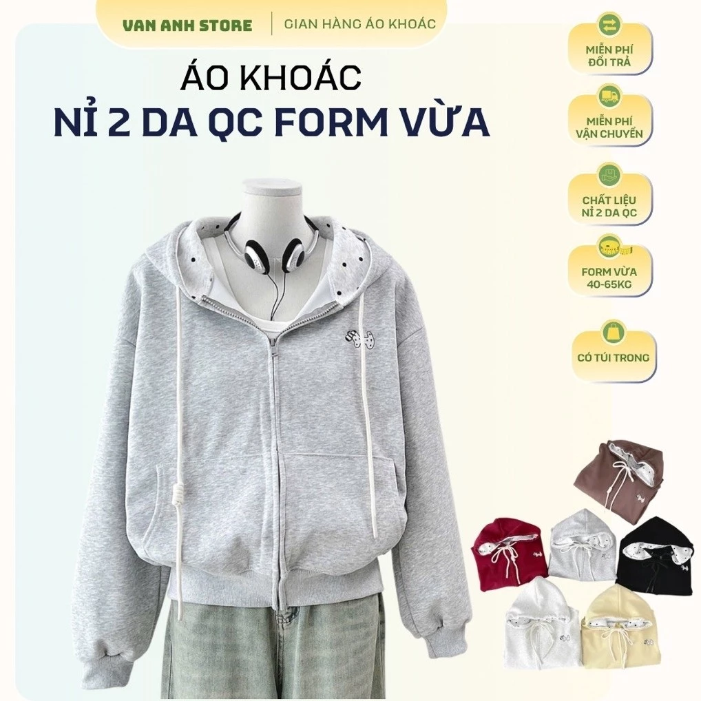Áo Khoác Nỉ 2 Da Form Vừa Nón Chấm Bi Thêu Cún Đốm, Áo Khoác Nữ Dài Áo 55cm Form 40-65kg Có Túi Trong