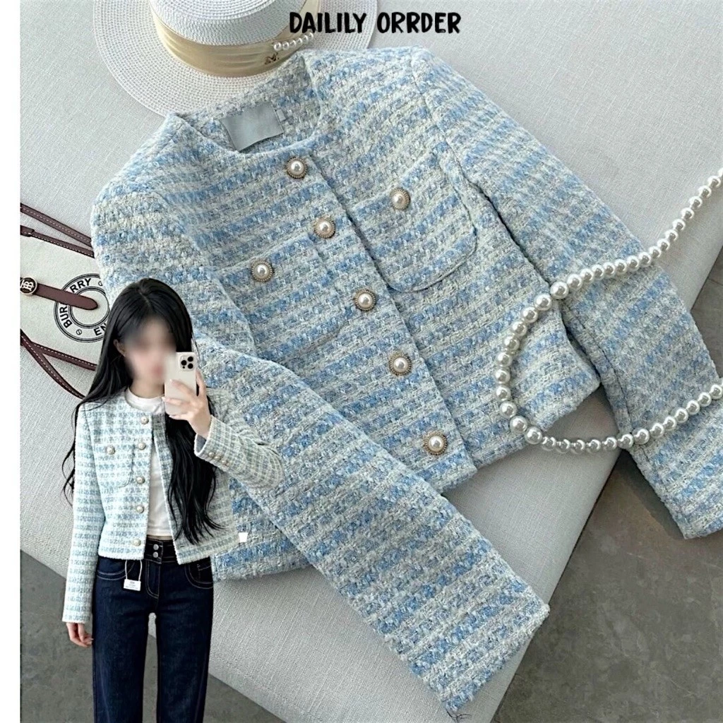 𝓓𝓪𝓲𝓵𝓲𝓵𝔂 𝓼𝓱𝓸𝓹 Áo khoác dạ xanh/hồng cổ tròn dáng lửng cho nữ, phù hợp mặc bốn mùa