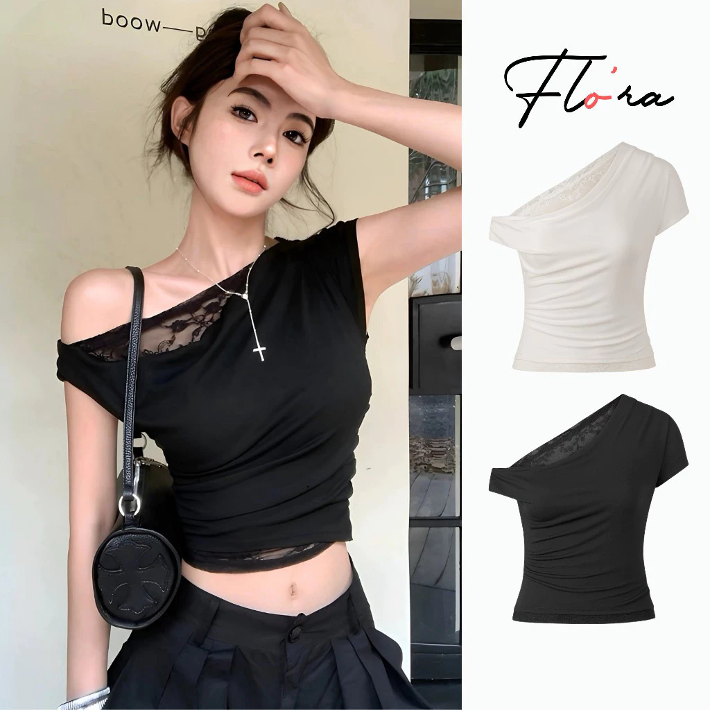 Áo Thun TRỄ VAI LÓT REN VẠT BẦU Nhún Eo Dáng Dài DD96, Áo Thun Nữ Chất Borip Lụa Kiểu Xuyên Thấu Flo'ra