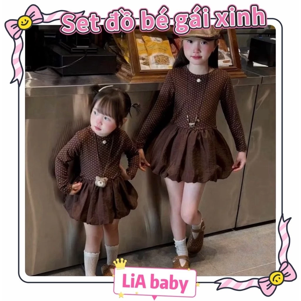 [Mới Về ] Váy nâu chấm bi dài tay dáng bí siêu xinh cho bé gái đi chơi đi học (9-40kg)-H9
