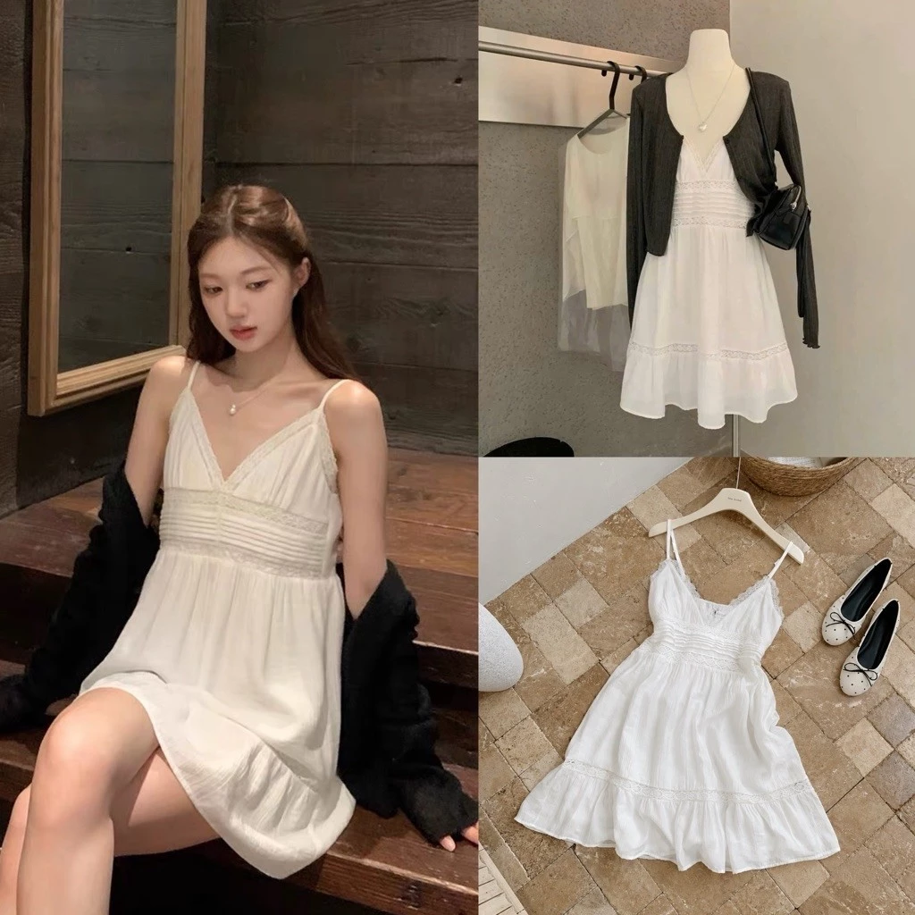 [Hàng Chuẩn L1] Set váy 2 dây trắng đũi cổ V viền ren kèm áo khoác cardigan đen mỏng - A3161