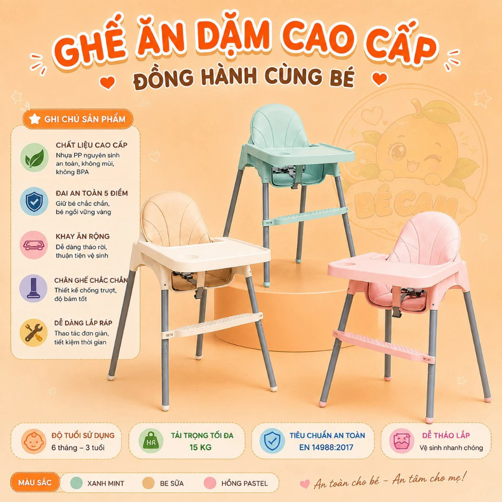 Ghế ăn dặm, bàn ăn cho bé, 3 điểm dây đai an toàn sử dụng cho bé từ 6 tháng đến 3 tuổi