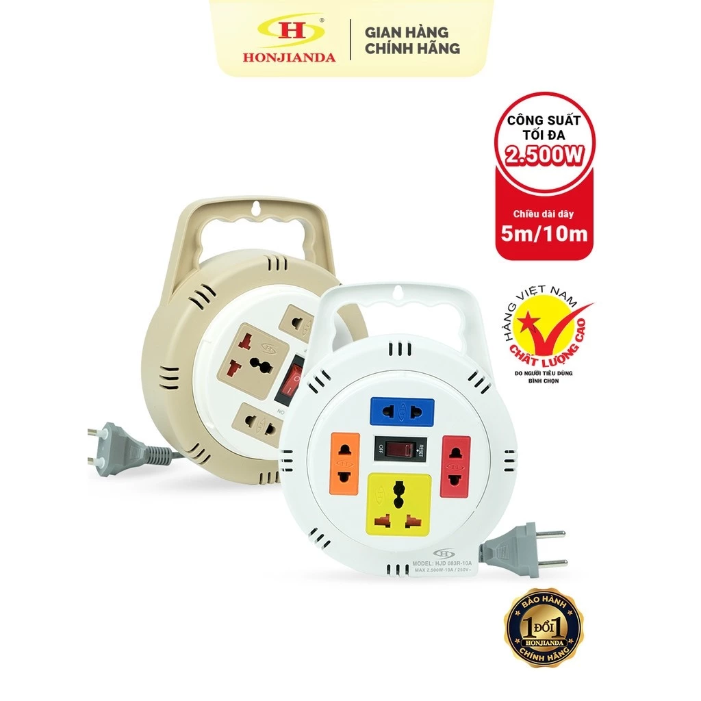 Ổ Cắm Điện Tròn Xoay Tay Honjianda Mã 08 Dây 5m/10m - chính hãng