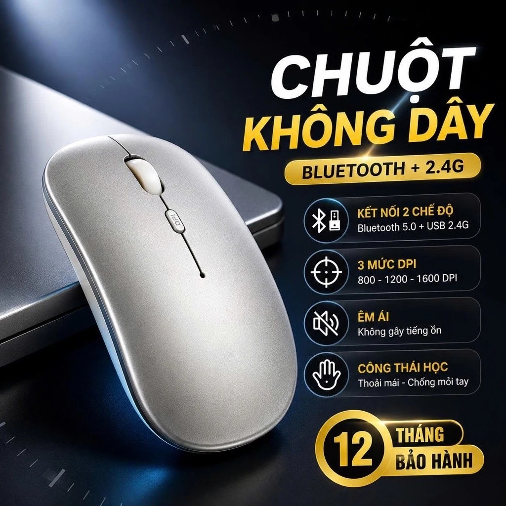 Chuột Máy Tính Không Dây RabidTech, Chuột Văn Phòng Kết Nối Bluetooth, USB 2.4G Chống Ồn, 3 Mức DPI, Thiết Kế Công Thái