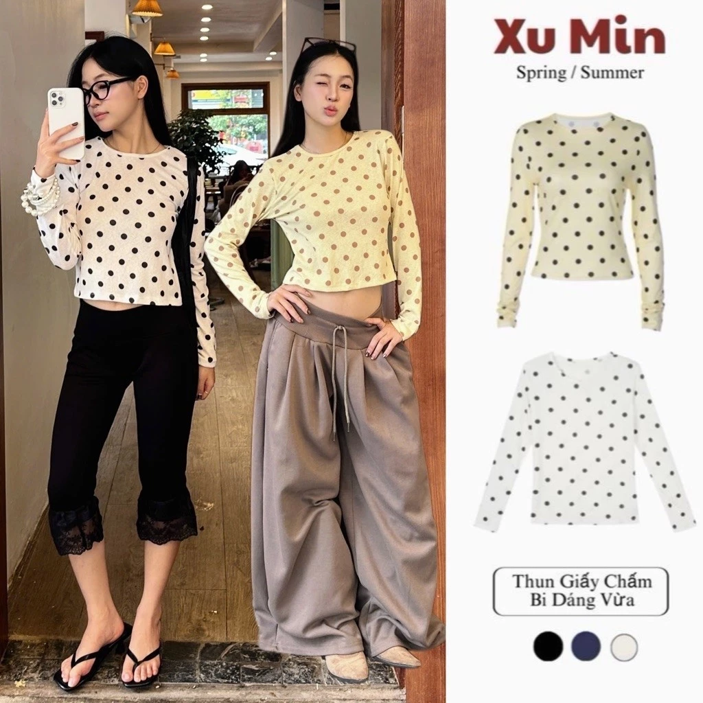 Áo Thun Xu Min Min Chất Cotton Giấy Dáng Vừa Tay Dài Chấm Bi ( Thun Chấm Bi Dài Tay )