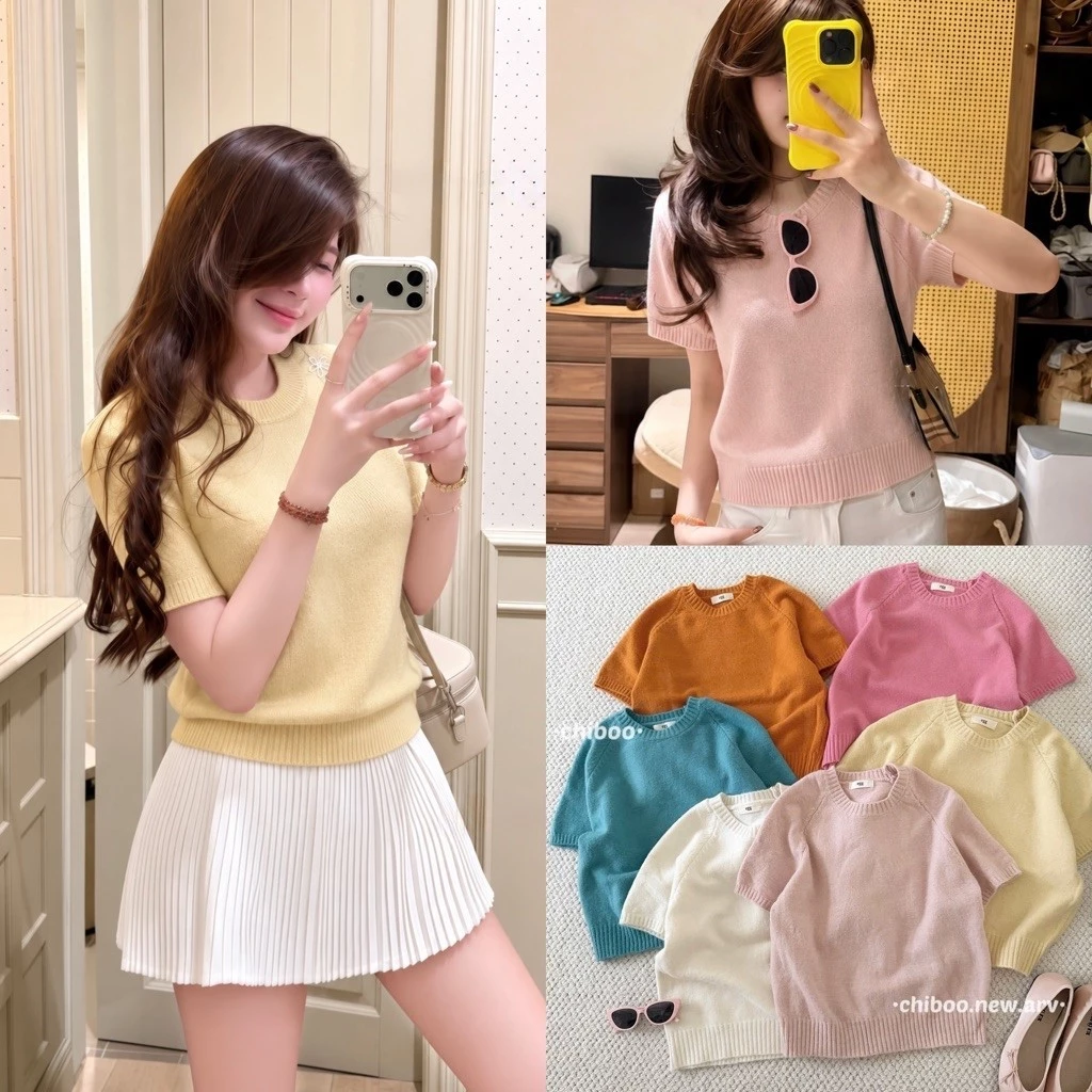 [Hàng QCCC] Áo len lông thỏ cổ tròn tay ngắn TAG EGG tone màu pastel Hàn Quốc