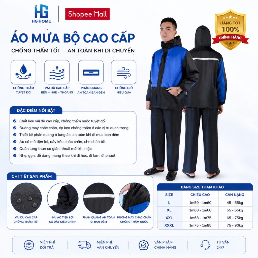 Áo Mưa Bộ Người Lớn Chất Liệu Vải Dù Cao Cấp Có Phản Quang Chống Thấm Tốt - HGHOME
