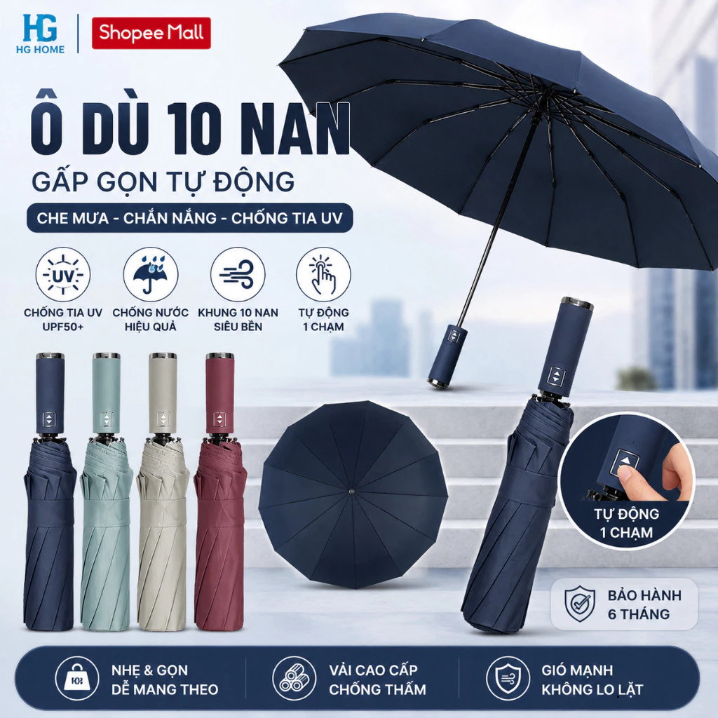 Ô Che Mưa 10 Nan Gấp Gọn Tự Động Chống Tia UV, Ô Dù Nhỏ Gọn Cầm Tay Tiện Lợi HGHOME