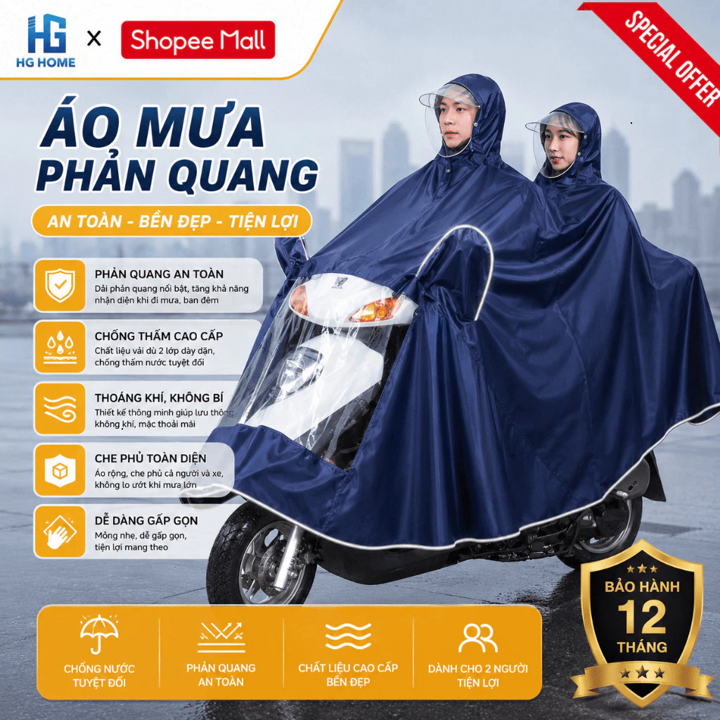 Áo Mưa Phản Quang 1 Người Và 2 Người HGHOME Che Phủ Toàn Thân Kèm Kính Chắn Mưa Tiện Lợi  [ Hàng Tốt ]