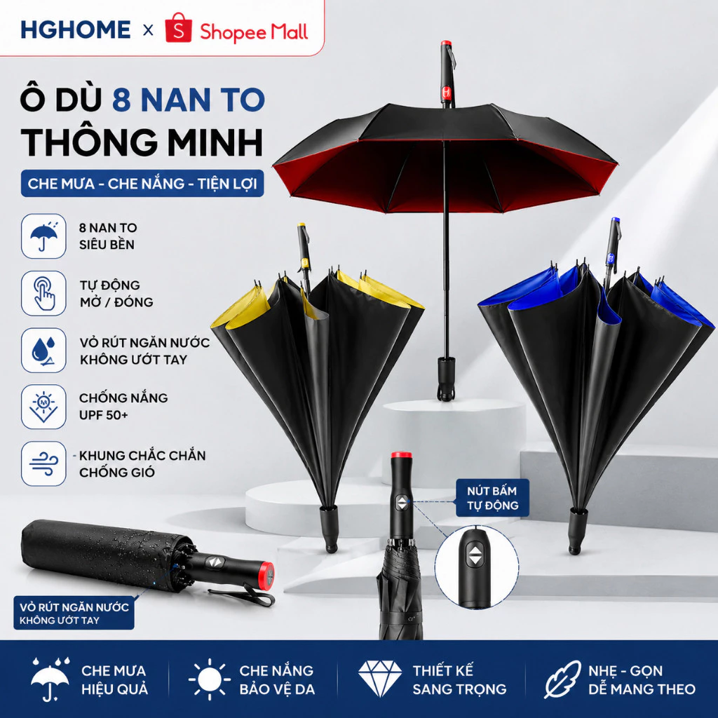 Ô dù che mưa , che nắng 8 nan to thông minh có vỏ rút ngăn nước mở bấm nút tự động HGHOME