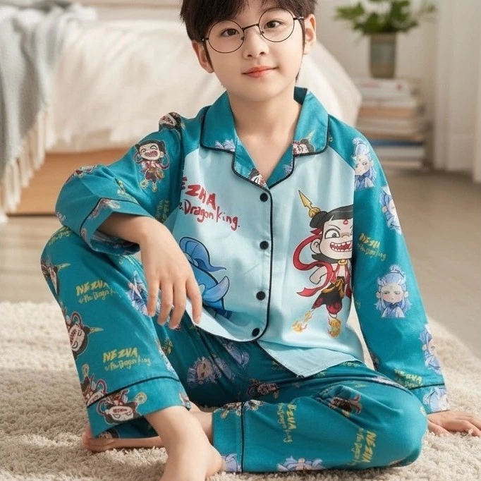 Bộ pijama trẻ em unisex áo dài, quần dài vải lụa latin họa tiết natra | Đồ ngủ trẻ em cao cấp, mềm mát, mặc ở nhà