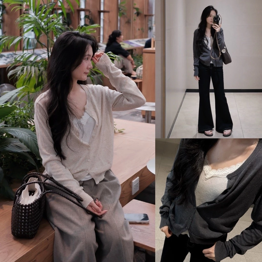 [Steezy] Áo len dài tay giả cardigan phối ren cổ V cúc cài form vừa, áo len dài tay thu đông cho nữ L2141