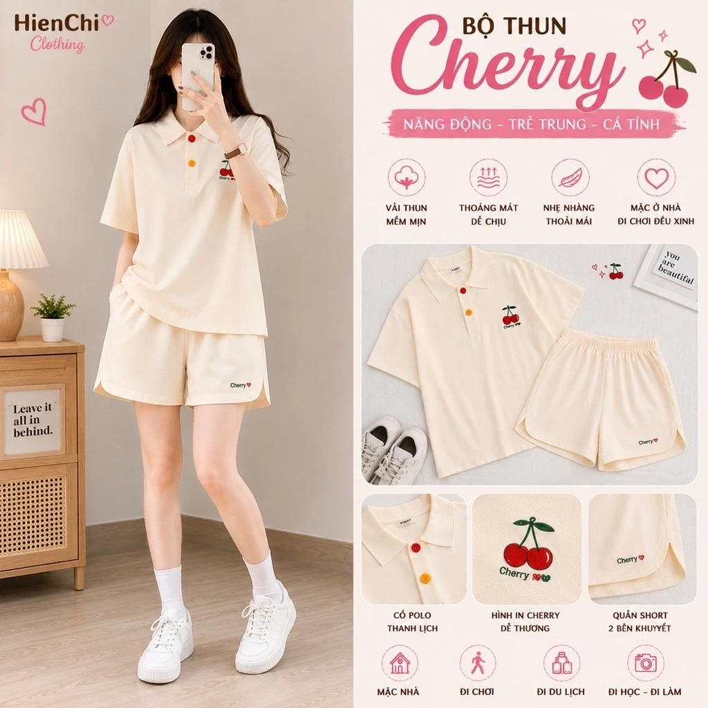 Bộ thun polo Cherry nữ [FREESHIP] Set đồ cotton dày form rộng áo kiểu mix quần sooc đùi bánh bèo cá tính ulzzang
