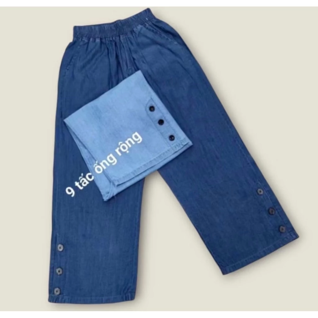 Quần ống suông jean giấy 9 tất, lưng thun co giãn, freesize 57-62kg mặc đẹp