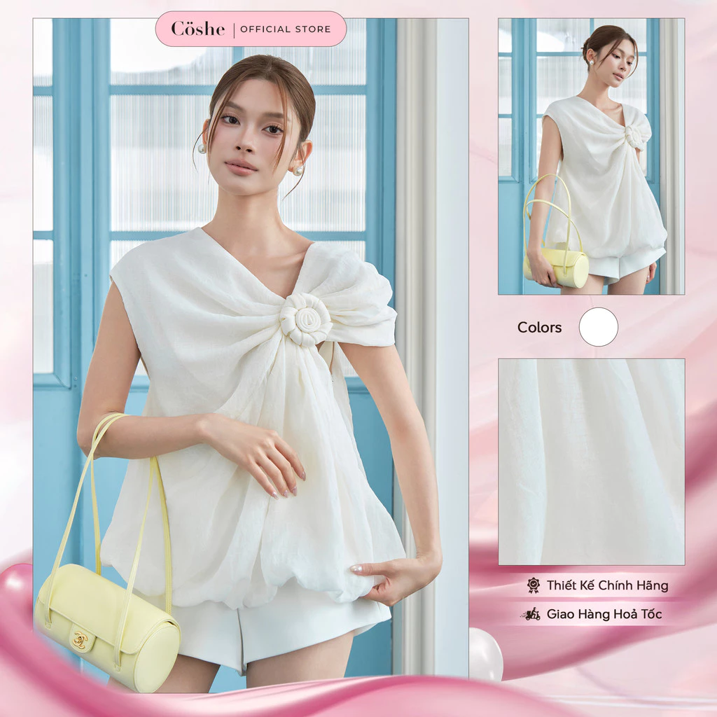 Áo kiểu nữ COSHE Creamy Top lệch vai xếp nhún đính hoa 3D chất linen điệu đà dạo phố đi tiệc