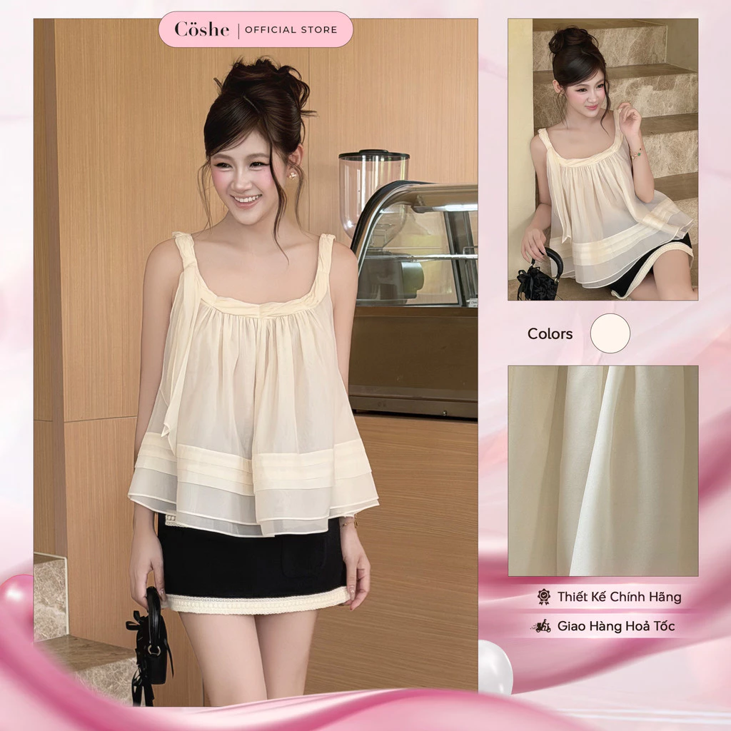 Áo kiểu nữ COSHE Mina Top hai dây dáng xòe bồng organza mỏng cao cấp tiểu thư dạo phố đi tiệc