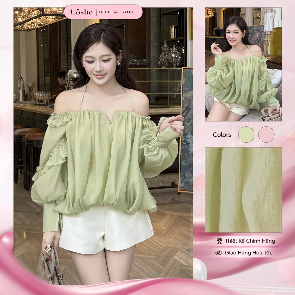 Áo kiểu nữ COSHE Xumi Top trễ vai tay bồng cổ xẻ V chất tơ nến dạo phố đi chơi