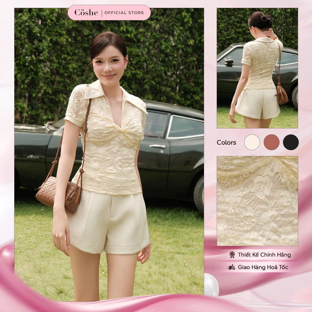 Áo kiểu nữ COSHE Dahlia Top cổ sơ mi phối ren vải ren gạo sang trọng thanh lịch công sở dự tiệc