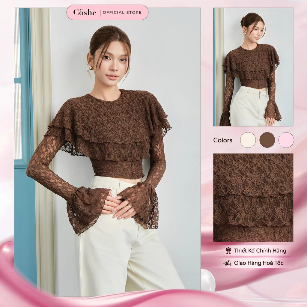 Áo kiểu nữ COSHE Grace Top tay dài chất ren gạo phong cách tiểu thư thanh lịch dạo phố đi tiệc
