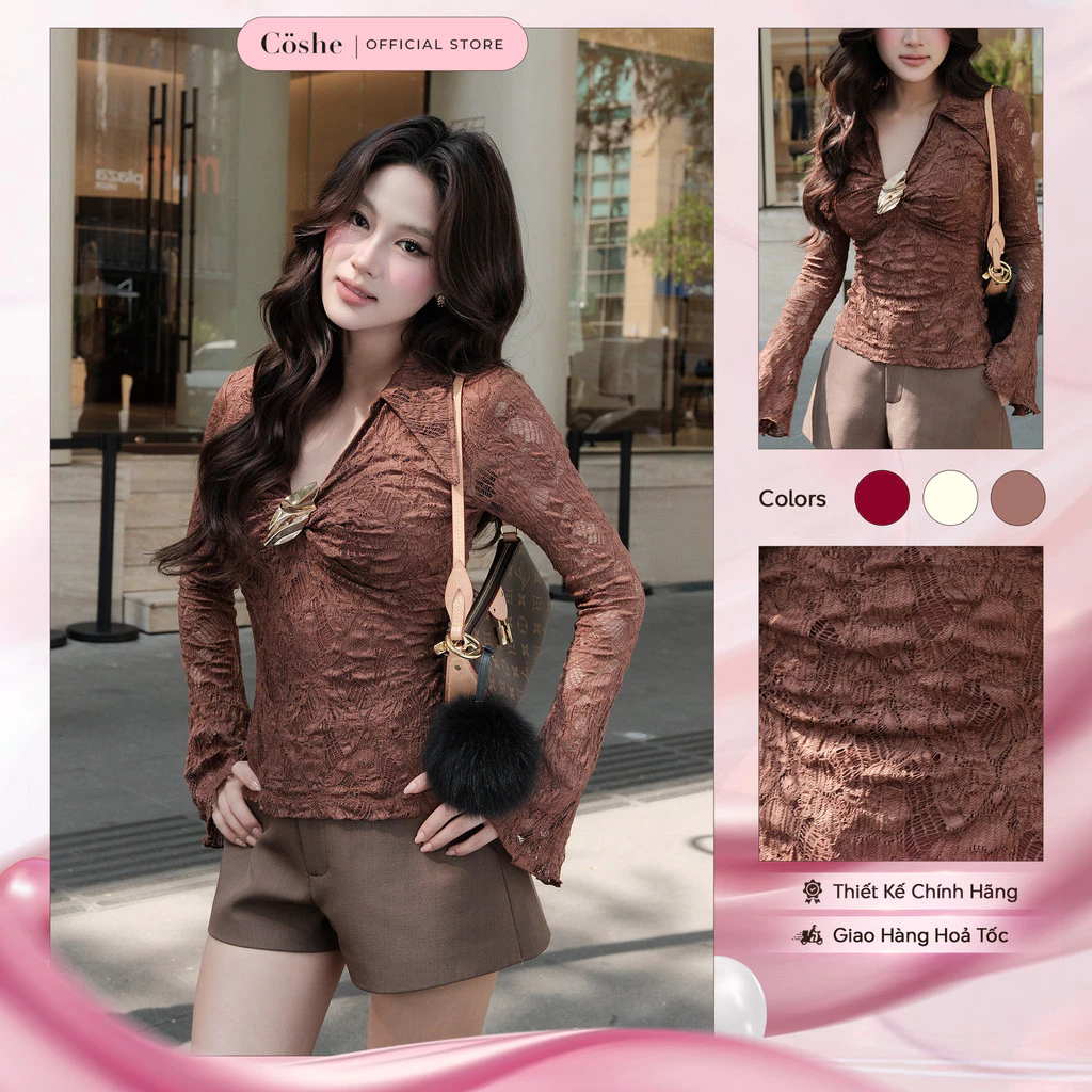 Áo kiểu nữ COSHE Ophelia Top dài tay ôm xoắn ngực chất ren gạo sang trọng dự tiệc đi chơi