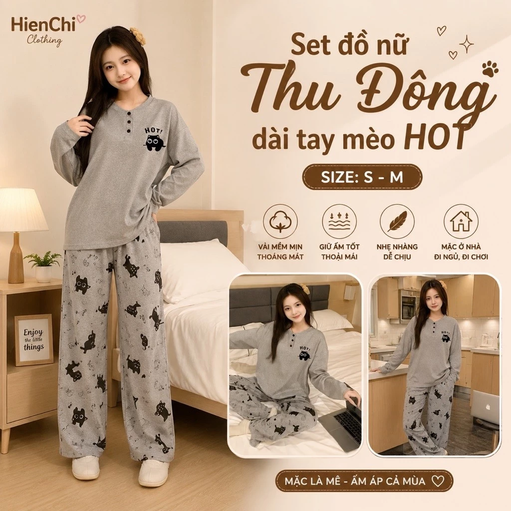 Set Đồ Mặc Nhà Nữ Thu Đông Dài Tay Họa Tiết Mèo Hot, Quần Dài In Hình Mèo Phong Cách Hàn Quốc