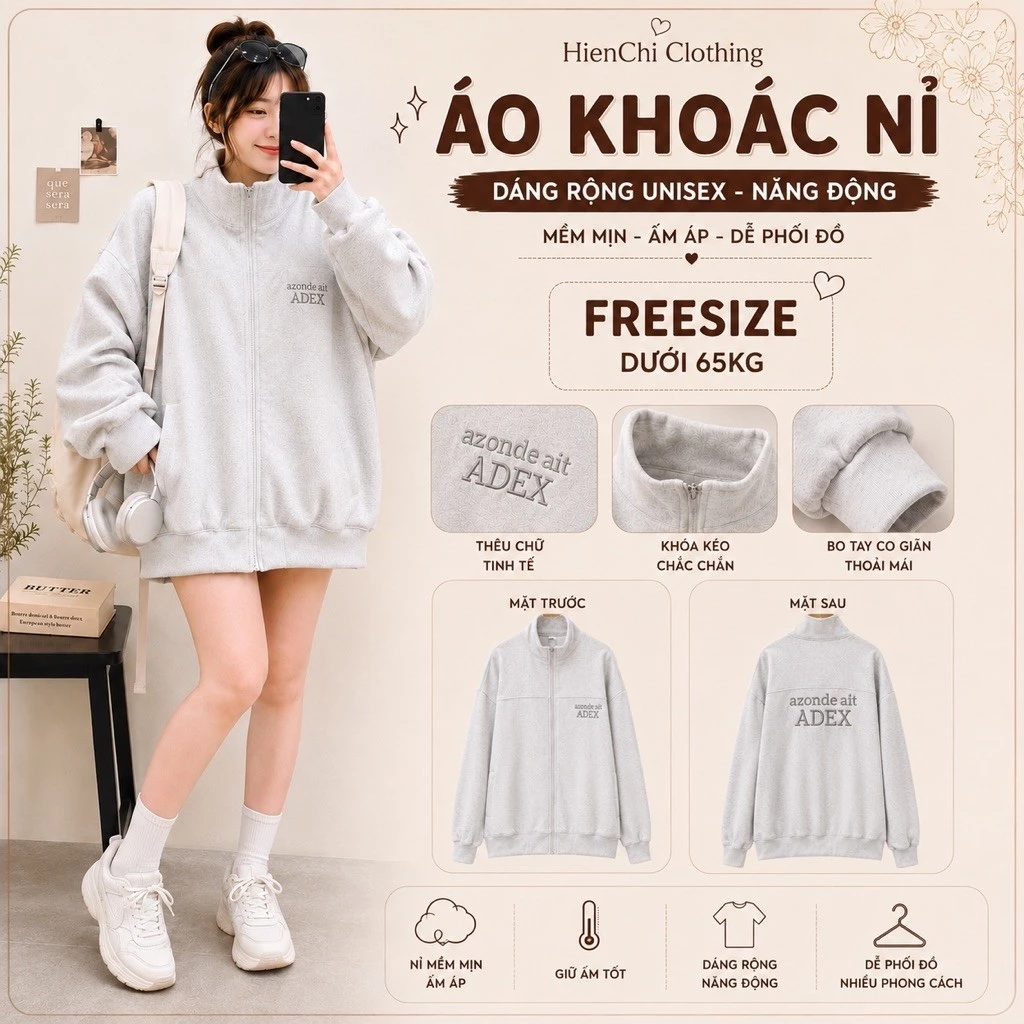 Áo Khoác Nỉ Nam Nữ ADLE Kéo Khóa Màu Xám. Áo Khoác Cổ Trụ Chữ Thêu Chất Nỉ Bông Dày Dặn Ấm Áp