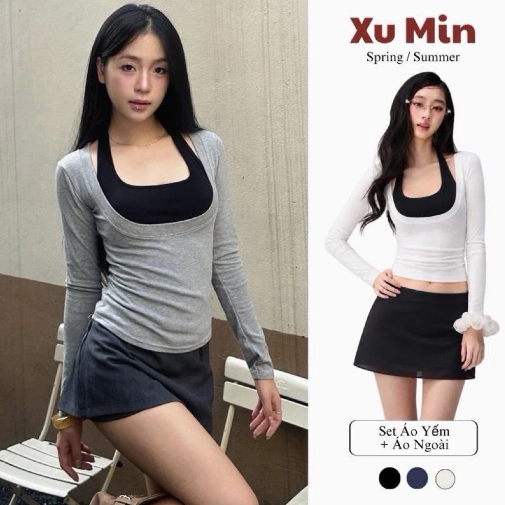 Set Áo Xu Min Dài Tay Thu Đông ( Áo Yếm Rời + Áo Ngoài ) Chất Cotton Co Giãn ( Set Yếm Dài Tay )