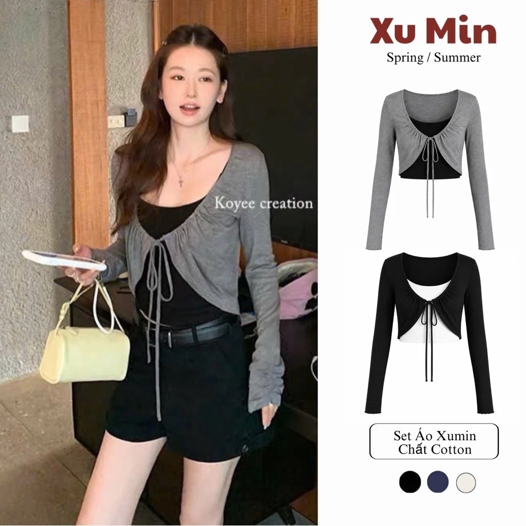Set Áo Thun Xu Min Thu Đông ( Áo Yếm Rời + Áo Ngoài Có Dây ( Set Áo Bo Chun Dây Dài Tay )