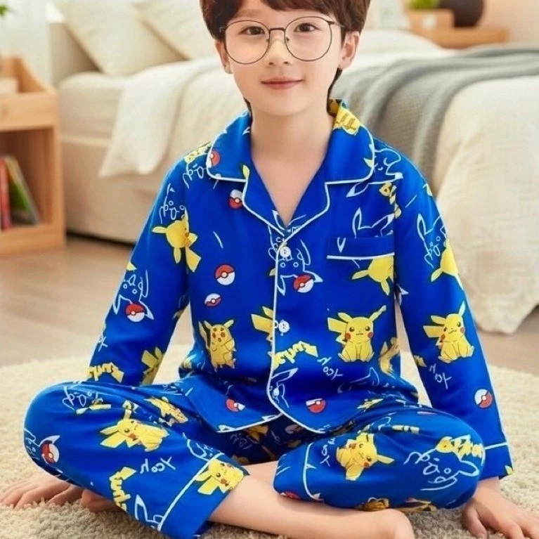 Bộ pijama bé trai vải lụa Mango họa tiết Pikachu dễ thương | Đồ ngủ trẻ em mềm mát, cao cấp, mặc ở nhà