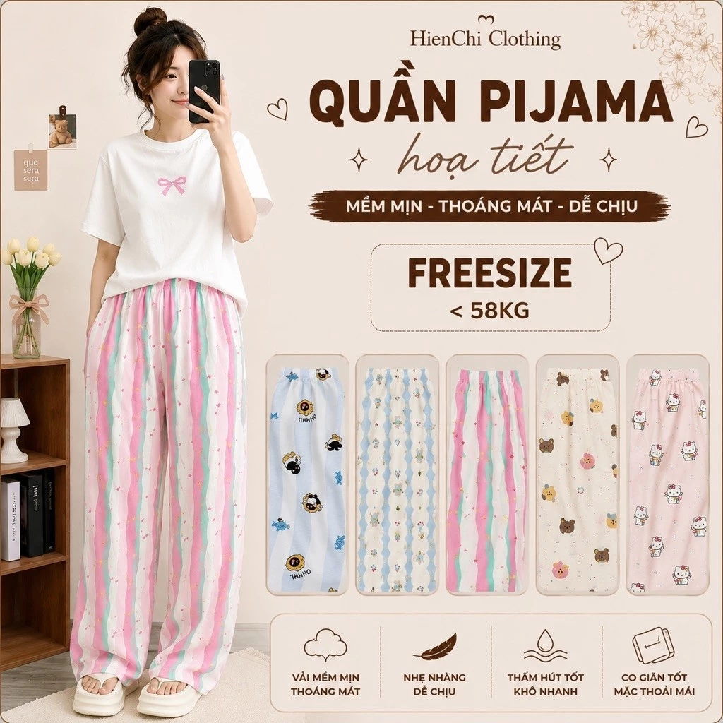 Quần Dài Pijama Hoạ Tiết Dễ Thương . Quần Dài Ống Rộng Chất Đũi Mềm Mát .Quần Nữ Form Suông Phong Cách Hàn Quốc