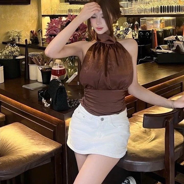 Áo kiểu buộc yếm hở lưng chất lụa mát smocking co dãn