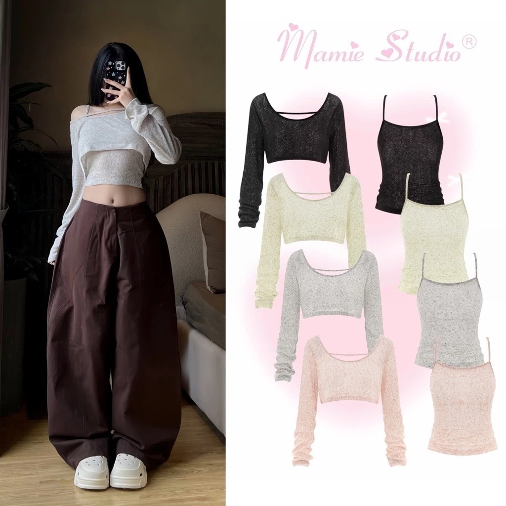 Set áo 2 dây kèm croptop tay dài chất liệu len dệt mỏng nhẹ, thời trang nữ 4 mùa