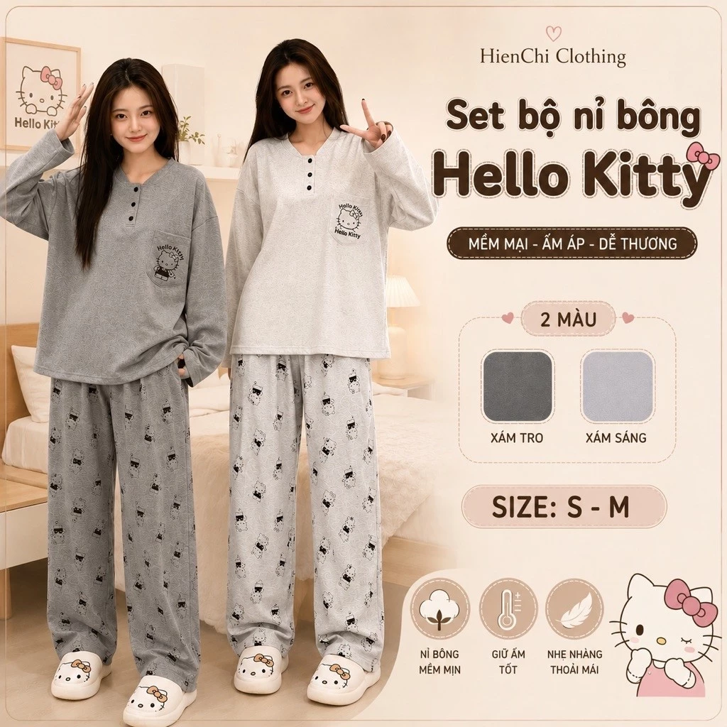 Set bộ đồ nỉ phối cúc in hình Kitty 2 màu nữ. Bộ đồ áo dài tay quần ống suông form rộng dễ thương