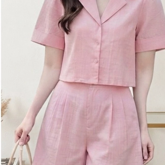 Set bộ Linen nữ thiết kế kèm quần cộc năng động trẻ trung size M, 40-57kg mặc đẹp