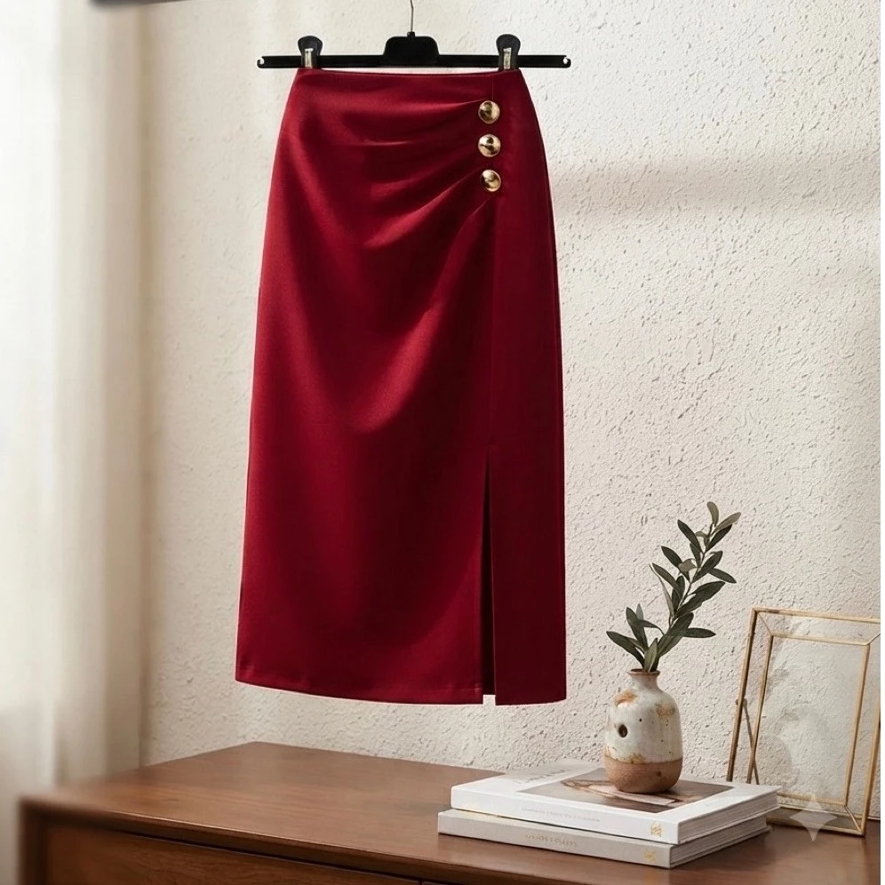 Chân váy lụa tô châu 2 lớp, chất dày, thiết kế xẻ tà, đính nút dễ thương, xinh xắn size S, M, L
