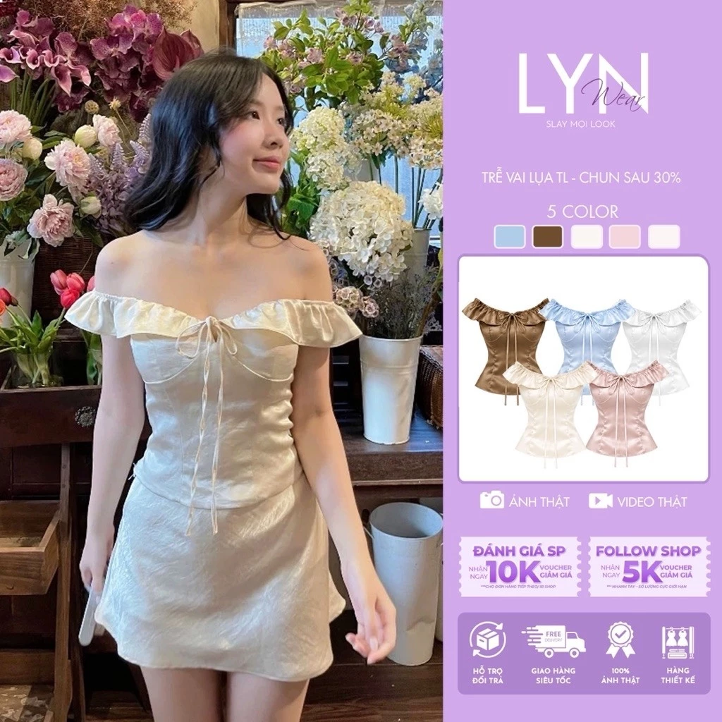 | LYN WEAR | (MẶC ĐƯỢC 2 KIỂU) Áo Lụa Nữ Trễ Vai-Tay Bèo Lưng Thun, Khoá Kéo Bên Hông Ôm Dáng 5 Màu
