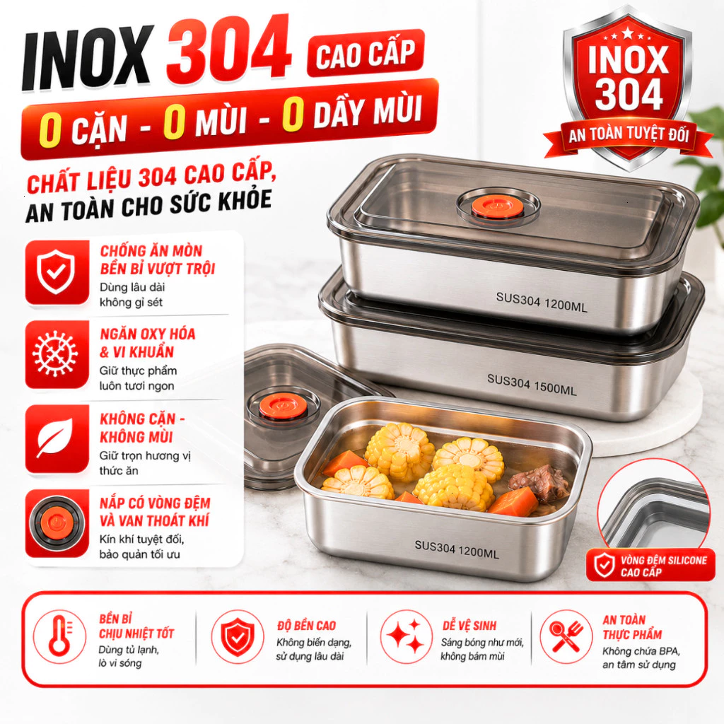 [ COMBO 10 HỘP ] Hộp Đựng Thực Phẩm 1500ML Chất Liệu Inox 304, Nắp Hút Chân Không