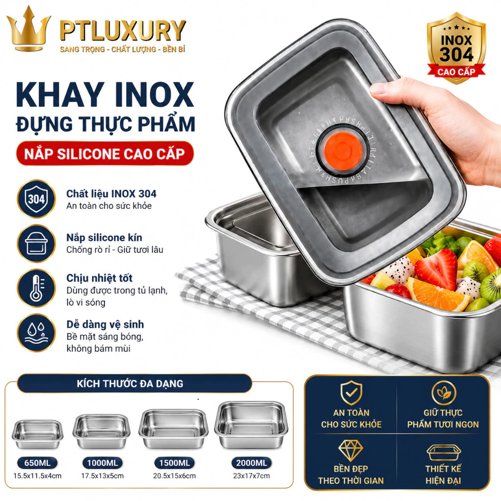 [ COMBO 10 HỘP ] Hộp Đựng Thực Phẩm 1500ML Chất Liệu Inox 304, Nắp Hút Chân Không Kín Mùi, Chống Tràn