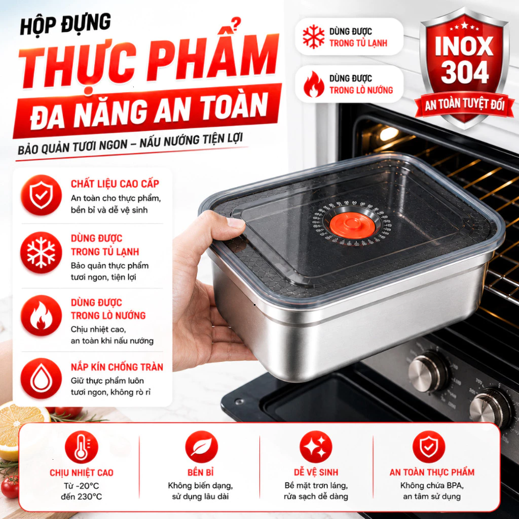[ COMBO 10 CÁI ] Hộp Đựng Thực Phẩm 1500ML Chất Liệu Inox 304, Nắp Hút Chân Không Kín Mùi, Chống Tràn
