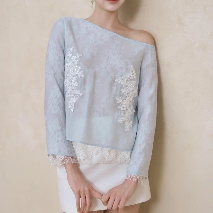 Tiffany Top - Áo cổ lệch  xanh pha ren đáp ren xinh xắn