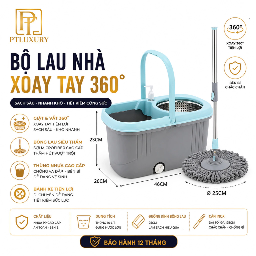 Bộ chổi lau nhà 360 độ có kèm thùng dễ dàng di chuyển [ HÀNG VIỆT NHẬT ]