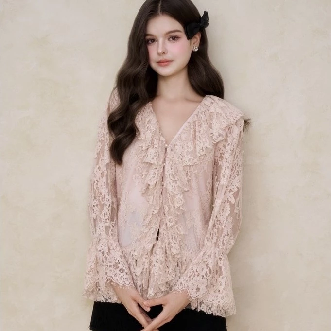 OVIA TOP - Áo ren hồng tay xoè xinh xắn cúc trai đi học đi làm