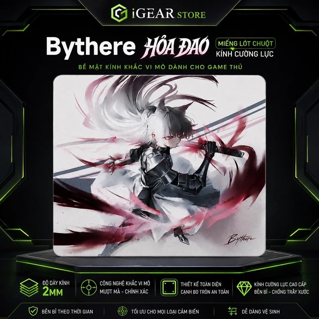 Lót Chuột Kính Bythere Blazing Blade Glass Pad 2mm – Mouse Pad Gaming Bề Mặt Kính Khắc Vi Mô Cao Cấp